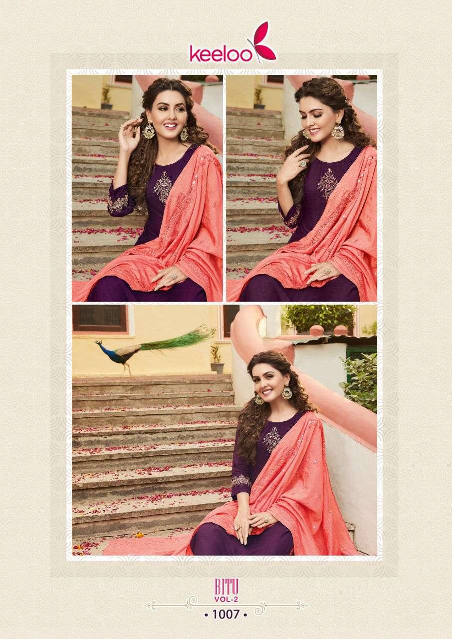 Keeloo-Bitu-2-Rayon-Chex -Dobby-Embroidery Work Kurti-With-Pant-and-Chanderi -Mirror-work-Dupatta-COLAGE